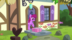 Size: 1920x1080 | Tagged: safe, screencap, berry punch, berryshine, earth pony, pony, g4, season 5, the one where pinkie pie knows, background pony, female, house, looking down, mare, package, present, raised hoof, solo