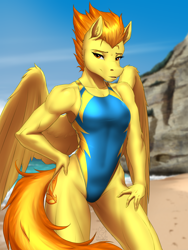 Size: 4500x6000 | Tagged: safe, artist:mykegreywolf, spitfire, pegasus, anthro, g4, adonis belt, beach, biceps, breasts, clothes, deltoids, female, fitfire, hand on hip, high-cut clothing, looking at you, mare, muscles, muscular female, one-piece swimsuit, outdoors, quadriceps, reasonably sized breasts, sexy, solo, stupid sexy spitfire, swimsuit, wing fluff