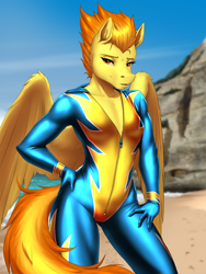Size: 4500x6000 | Tagged: safe, artist:mykegreywolf, spitfire, pegasus, anthro, g4, beach, breasts, clothes, female, hand on hip, looking at you, mare, muscles, outdoors, reasonably sized breasts, sexy, solo, stupid sexy spitfire, uniform, unzipped, wing fluff, wonderbolts uniform
