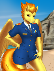 Size: 4500x6000 | Tagged: safe, artist:mykegreywolf, spitfire, pegasus, anthro, g4, beach, clothes, female, hand on hip, looking at you, mare, muscles, outdoors, sexy, skirt, skirt suit, solo, stupid sexy spitfire, suit, wing fluff