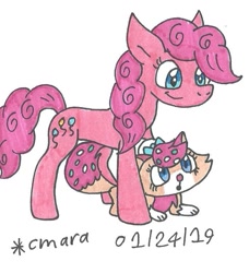 Size: 705x772 | Tagged: safe, artist:cmara, pinkie pie, cat, earth pony, pony, g4, crossover, friendshipping, littlest pet shop, sugar sprinkles, traditional art