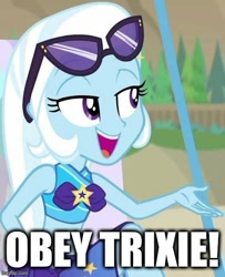 Size: 500x615 | Tagged: safe, trixie, equestria girls, equestria girls series, forgotten friendship, g4, caption, clothes, image macro, imgflip, meme, sarong, sunglasses, swimsuit, text