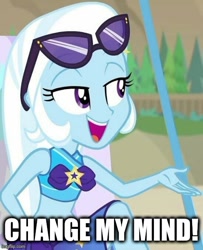 Size: 500x615 | Tagged: safe, trixie, equestria girls, equestria girls specials, g4, my little pony equestria girls: better together, my little pony equestria girls: forgotten friendship, caption, clothes, image macro, imgflip, meme, sunglasses, sunglasses on head, swimsuit, text