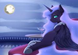 Size: 7128x5040 | Tagged: safe, artist:ottava, nightmare moon, alicorn, pony, g4, absurd resolution, butt, cocktail, cocktail glass, fangs, female, looking at you, looking back, looking back at you, mare, missing cutie mark, moon, night, plot, slit pupils, solo