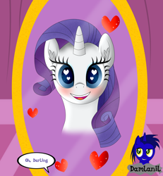 Size: 3840x4154 | Tagged: safe, artist:damlanil, rarity, pony, unicorn, g4, blushing, carousel boutique, comic, cute, darling, female, happy, heart, heart eyes, horn, looking at you, mare, mirror, open mouth, raribetes, simple background, smiling, text, vector, wingding eyes