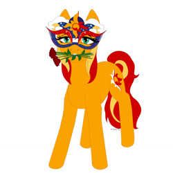 Size: 1280x1280 | Tagged: safe, artist:axidemythe, sunset shimmer, pony, unicorn, g4, female, flower, flower in mouth, looking at you, mare, masked shimmer, mouth hold, solo