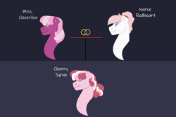 Size: 1280x854 | Tagged: safe, artist:itstechtock, cheerilee, nurse redheart, oc, oc:cherry syrup, earth pony, pony, g4, family tree, female, headcanon, lesbian, magical lesbian spawn, mare, offspring, parent:cheerilee, parent:nurse redheart, parents:cheeriheart, ship:cheeriheart, shipping