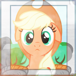 Size: 563x564 | Tagged: safe, edit, edited screencap, screencap, applejack, earth pony, pony, castle sweet castle, g4, applejack's hat, big eyes, cowboy hat, cropped, cute, female, floppy ears, hat, icon, jackabetes, looking at you, mare, profile picture, solo, tree