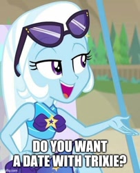 Size: 500x615 | Tagged: safe, edit, edited screencap, screencap, trixie, equestria girls, equestria girls specials, g4, my little pony equestria girls: better together, my little pony equestria girls: forgotten friendship, bronybait, caption, clothes, image macro, imgflip, meme, sarong, sunglasses, swimsuit, text