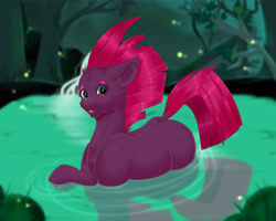 Size: 6890x5512 | Tagged: safe, artist:creed larsen, tempest shadow, firefly (insect), insect, pony, unicorn, g4, bathing, female, forest background, lake, looking at you, mare, night, open mouth, smiling, wet