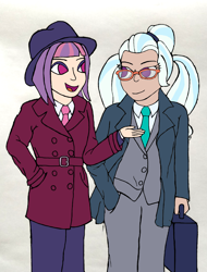 Size: 2054x2703 | Tagged: safe, artist:jesterofdestiny, sugarcoat, sunny flare, human, g4, clothes, glasses, hat, high res, human coloration, humanized, looking at each other, necktie, suit, suitcase, trenchcoat