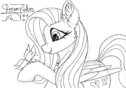 Size: 1700x1200 | Tagged: source needed, safe, artist:dreamyskies, fluttershy, butterfly, pegasus, pony, g4, colorless, cute, monochrome, quick draw, quick sketch, shyabetes, sketch, solo
