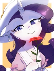 Size: 1200x1600 | Tagged: safe, artist:fuyugi, rarity, pony, unicorn, g4, bedroom eyes, clothes, ear piercing, earring, female, flower, hat, hoof hold, jewelry, piercing, rose, solo