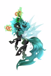 Size: 2000x3000 | Tagged: safe, artist:liquorice_sweet, queen chrysalis, changeling, changeling queen, g4, female, food, glowing horn, high res, horn, looking at you, magic, pretzel, simple background, solo, telekinesis, white background