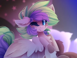 Size: 1600x1200 | Tagged: safe, artist:liquorice_sweet, oc, oc only, pegasus, pony, cheek fluff, chest fluff, ear fluff, eye clipping through hair, female, floppy ears, freckles, looking at you, mare, one eye closed, smiling, smiling at you, solo, underhoof, wink, winking at you