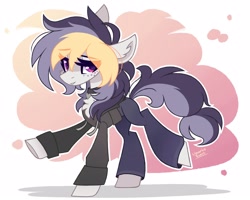Size: 2500x2000 | Tagged: safe, artist:liquorice_sweet, oc, oc only, oc:liquorice sweet, earth pony, pony, abstract background, chest fluff, clothes, eye clipping through hair, female, freckles, high res, hoodie, lidded eyes, looking at you, mare, pants, smiling, smiling at you, solo, sweatpants, underhoof