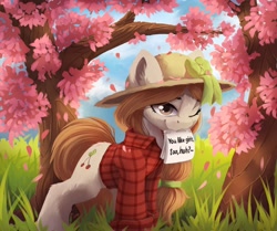 Size: 2216x1855 | Tagged: safe, artist:hitbass, oc, oc only, earth pony, pony, cherry blossoms, clothes, commission, ear fluff, female, flower, flower blossom, grass, hat, mare, mouth hold, note, one eye closed, scenery, shirt, smiling, solo, tree