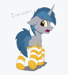 Size: 2745x3000 | Tagged: safe, artist:arcane-thunder, oc, oc only, oc:arcane thunder, pony, unicorn, blushing, butt, clothes, dialogue, embarrassed, floppy horn, high res, horn, looking back, male, open mouth, plot, simple background, socks, solo, stallion, striped socks, underhoof, white background