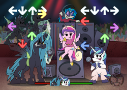 Size: 1323x935 | Tagged: safe, artist:calena, dj pon-3, princess cadance, queen chrysalis, shining armor, vinyl scratch, alicorn, changeling, changeling queen, pony, unicorn, g4, arrow, crossover, crowd, cute, female, flying, friday night funkin', horn, levitation, light show, lights, magic, microphone, party, singing, sparkly eyes, speaker, telekinesis, wings
