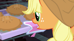 Size: 1920x1080 | Tagged: safe, screencap, applejack, earth pony, pony, applejack's "day" off, g4, season 6, applejack's hat, cowboy hat, female, food, hat, mouth hold, oven, pie, solo, tray