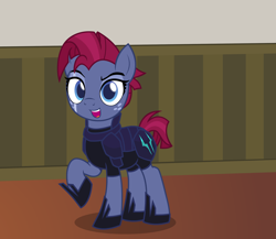 Size: 2488x2164 | Tagged: safe, alternate version, artist:badumsquish, derpibooru exclusive, part of a set, star tracker, tempest shadow, earth pony, pony, g4, once upon a zeppelin, armor, clothes, clothes swap, cosplay, costume, crossdressing, crossplay, dyed hair, eyeliner, eyeshadow, freckles, grin, happy, high res, implied tempest shadow, looking at you, makeup, male, open mouth, pose, raised hoof, scar, shoes, show accurate, smiling, solo, stallion, starcrossed, storm king's emblem