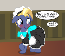 Size: 2488x2164 | Tagged: safe, alternate version, artist:badumsquish, derpibooru exclusive, part of a set, star tracker, earth pony, pony, g4, once upon a zeppelin, apron, blushing, bow, clothes, cosplay, costume, crossdressing, crossplay, cute, dialogue, dress, embarrassed, floppy ears, freckles, french maid, grin, happy, high res, looking at you, looking away, maid, male, open mouth, pose, raised hoof, show accurate, smiling, solo, stallion, starcrossed, trackerbetes