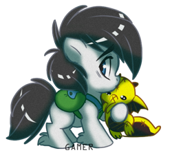 Size: 530x478 | Tagged: safe, artist:thegamercolt, oc, oc only, oc:thegamercolt, earth pony, pony, backpack, dragon plushie, fluffy, foal, plushie, simple background, solo