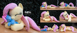 Size: 2400x1028 | Tagged: safe, artist:meplushyou, fluttershy, oc, pony, g4, baby, baby pony, cuddling, cute, irl, photo, plushie
