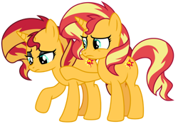Size: 1024x714 | Tagged: safe, artist:emeraldblast63, sunset shimmer, pony, unicorn, equestria girls, equestria girls series, g4, comforting, cute, doppelganger, duality, equestria girls ponified, eyeshadow, hoof on shoulder, human pony sunset, human sunset, makeup, ponified, ponified humanized pony, sad, self ponidox, shimmerbetes