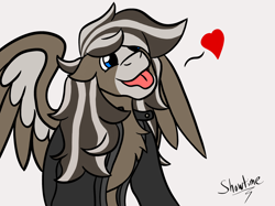 Size: 2732x2048 | Tagged: safe, artist:captshowtime, oc, oc only, oc:acoustic strings, clydesdale, pegasus, pony, bleep, clothes, cute, digital art, fluffy, heart, high res, jacket, long hair, love, pegasus oc, punk, rocker, silly, simple background, sketch, solo, tongue out