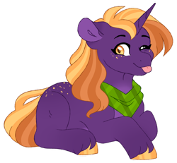 Size: 1024x948 | Tagged: safe, artist:hauntedphantom, oc, oc only, pony, unicorn, blank flank, butt freckles, crack ship offspring, freckles, lying down, magical gay spawn, neckerchief, offspring, one eye closed, parent:big macintosh, parent:hoo'far, prone, simple background, solo, tongue out, transparent background, unshorn fetlocks, wink