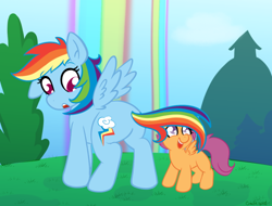 Size: 750x569 | Tagged: safe, artist:therainbowtroll, rainbow dash, scootaloo, pegasus, pony, g4, bush, butt, cute, cutealoo, duo, female, filly, looking back, mare, plot, rainbow waterfall, surprised, tail, tail hat