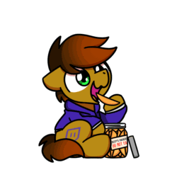 Size: 1000x1000 | Tagged: safe, artist:sugar morning, part of a set, oc, oc only, oc:twitchyylive, earth pony, pony, g4, animated, chibi, commission, cute, daaaaaaaaaaaw, eating, food, frame by frame, fruit, fuck the police, gif, herbivore, jar, male, mango, ocbetes, simple background, sitting, solo, stallion, sugar morning's snacc and drincc, transparent background, ych result