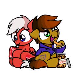 Size: 1000x1000 | Tagged: safe, artist:sugar morning, part of a set, oc, oc only, oc:coke, oc:twitchyylive, earth pony, pegasus, pony, g4, animated, chibi, coca-cola, commission, cute, daaaaaaaaaaaw, drinking, duo, duo male, eating, food, frame by frame, gif, male, ocbetes, simple background, sitting, stallion, sugar morning's snacc and drincc, transparent background, ych result