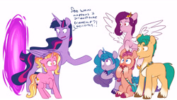 Size: 7585x4315 | Tagged: safe, artist:chub-wub, hitch trailblazer, izzy moonbow, luster dawn, pipp petals, sunny starscout, twilight sparkle, alicorn, earth pony, pegasus, pony, unicorn, g4, g5, the last problem, absurd resolution, badge, bag, blushing, dialogue, female, fluttershy's cutie mark, g5 collapse of equestria, male, mare, older, older twilight, older twilight sparkle (alicorn), open mouth, princess twilight 2.0, rainbow dash's cutie mark, raised hoof, red eyes, red-eyed pipp, satchel, simple background, spread wings, stallion, sunny and her heroine, sweat, sweatdrop, time portal, twilight sparkle (alicorn), unshorn fetlocks, white background