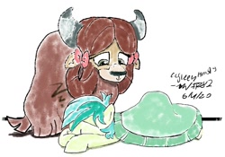 Size: 1250x875 | Tagged: safe, artist:johnerose126, sandbar, yona, earth pony, pony, yak, g4, duo, duo male and female, female, larger female, male, ship:yonabar, shipping, size difference, sleeping, smaller male, straight