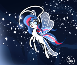 Size: 2000x1700 | Tagged: safe, artist:plaguemare, oc, oc only, oc:nasapone, breezie, antennae, blue eyes, breeziefied, ethereal mane, eyelashes, fairy wings, female, flying, happy, mare, open mouth, raised hoof, smiling, solo, space, species swap, starry mane, stars, wings