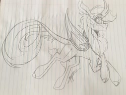 Size: 1080x815 | Tagged: safe, artist:moshi.poni, rainbow dash, kirin, winged kirin, g4, chest fluff, cloven hooves, eyelashes, female, horn, kirin rainbow dash, kirin-ified, leonine tail, lineart, lined paper, smiling, solo, species swap, traditional art, wings