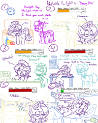 Size: 4779x6013 | Tagged: safe, artist:adorkabletwilightandfriends, starlight glimmer, twilight sparkle, zephyr breeze, oc, oc:ellen, alicorn, earth pony, pegasus, pony, unicorn, comic:adorkable twilight and friends, g4, adorkable, adorkable twilight, bed, bedroom, break room, butt, buttcheeks, car, cashier, checkstand, chips, clock, comic, couch, cute, day, dimples, dimples of venus, dork, driving, food, grocery store, groggy, humor, insomnia, kite, lying down, meter, night, nostril flare, nostrils, open mouth, peanut butter, pillow, plot, relatable, reminder, sitting, sleepy, slice of life, snacks, soda, table, tired, too real, twilight sparkle (alicorn), volvo, work, yawn