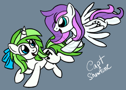 Size: 2868x2048 | Tagged: safe, artist:captshowtime, oc, oc only, oc:minty root, oc:snow kicker, pegasus, pony, unicorn, bow, bowtie, commission, duo, female, flying, high res, ponysona, running, siblings, simple background, sisters, sketch