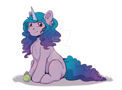 Size: 1600x1181 | Tagged: safe, artist:dinosaphira99, izzy moonbow, pony, unicorn, g5, ball, blushing, chest fluff, deviantart watermark, ear fluff, female, izzy's tennis ball, looking at you, mare, obtrusive watermark, simple background, sitting, smiling, solo, tennis ball, transparent background, watermark