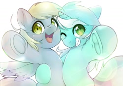 Size: 2048x1430 | Tagged: safe, artist:kurogewapony, derpy hooves, lyra heartstrings, pegasus, pony, unicorn, g4, cute, female, hug, lens flare, looking at you, mare, pointing, simple background, smiling, white background, wrong eye color