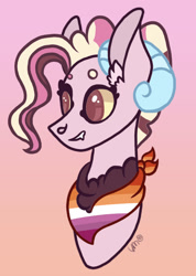 Size: 1158x1628 | Tagged: safe, artist:caramelbolt24, oc, oc only, oc:neapolitan cake, pony, abstract background, bust, chest fluff, commission, ear fluff, eyelashes, grin, horns, interspecies offspring, neckerchief, offspring, parent:discord, parent:pinkie pie, parents:discopie, signature, smiling, solo, ych result