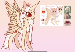 Size: 2388x1668 | Tagged: safe, artist:caramelbolt24, oc, oc only, alicorn, pony, alicorn oc, ear fluff, female, flower, horn, mare, pink background, reference sheet, rose, signature, simple background, wings