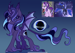 Size: 2388x1668 | Tagged: safe, artist:caramelbolt24, princess luna, starlight glimmer, oc, oc:galactic eclipse, alicorn, bat pony, bat pony alicorn, pony, unicorn, g4, bat wings, black hole, ear fluff, ethereal mane, female, flying, gradient background, hoof fluff, horn, magical lesbian spawn, mare, offspring, parent:princess luna, parent:starlight glimmer, parents:starluna, screencap reference, signature, starry mane, unshorn fetlocks, wings