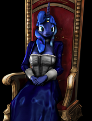 Size: 819x1080 | Tagged: safe, artist:litterpaws, derpibooru exclusive, princess luna, anthro, g4, 3d, alternate hairstyle, breasts, busty princess luna, clothes, corset, female, hands in lap, horn, horn ring, looking at you, ring, source filmmaker, throne, wingless, wingless anthro