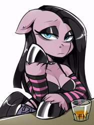 Size: 1200x1600 | Tagged: safe, artist:noupie, pinkie pie, anthro, g4, alternate hairstyle, arm hooves, arm warmers, black hair, breasts, choker, cleavage, clothes, drink, ear piercing, eyeshadow, floppy ears, glass, goth, makeup, nose piercing, piercing, pinkamena diane pie, shirt, simple background, solo, studded choker, white background