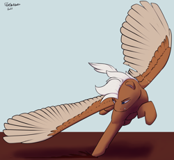 Size: 2140x1971 | Tagged: safe, artist:flashnoteart, oc, oc only, oc:hotshot butcher, pegasus, pony, colored, flying, male, simple background, solo, wings