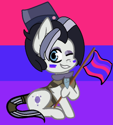 Size: 578x642 | Tagged: safe, artist:jadeharmony, artist:kittiebases, derek, earth pony, pony, g4.5, my little pony: pony life, base used, bisexual pride flag, clothes, eyeshadow, face paint, flag, grin, hat, holding a flag, makeup, male, necktie, one eye closed, pride, pride flag, raised hoof, shirt, sitting, smiling, solo, stallion, teeth, top hat, wink