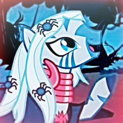 Size: 399x399 | Tagged: safe, edit, screencap, zecora, pony, spider, zebra, g4, luna eclipsed, accessory, clothes, costume, cropped, cute, deep fried meme, female, icon, looking offscreen, mare, meme, nightmare night costume, open mouth, profile picture, raised hoof, smiling, solo, talking, zecorable